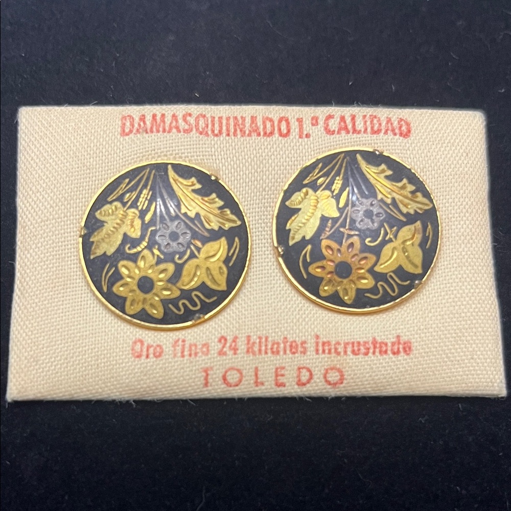 Gold and Black Damascene Vintage Floral Clip On Earrings